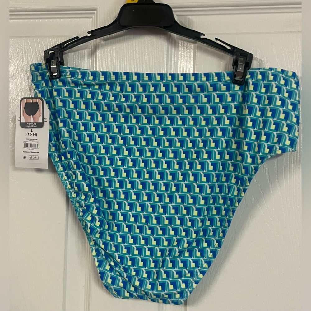 NWT Time and Tru High Waist Geo Print Bikini Bottoms Large 12-14 Teal Moon - Picture 9 of 11